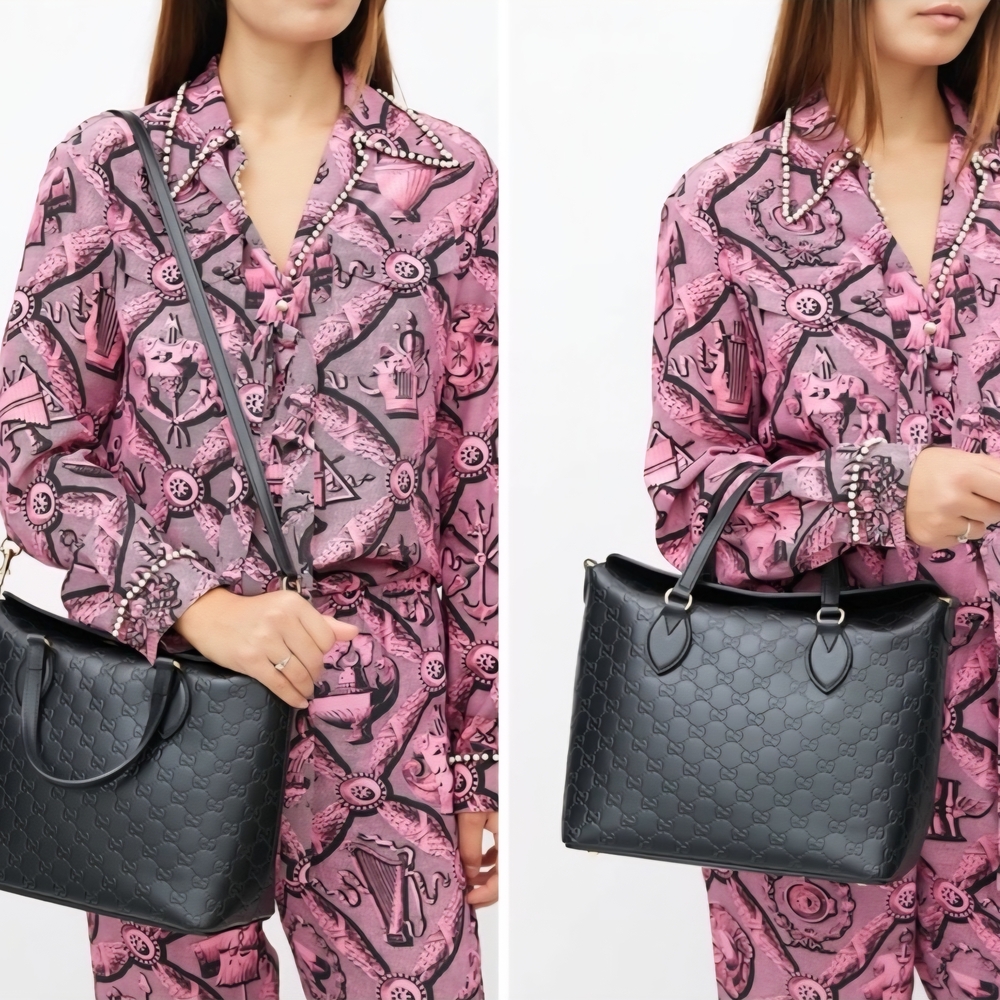 Auth💞 Gucci Black Guccissima Leather Lina A Foldover Two-Way Tote Bag
